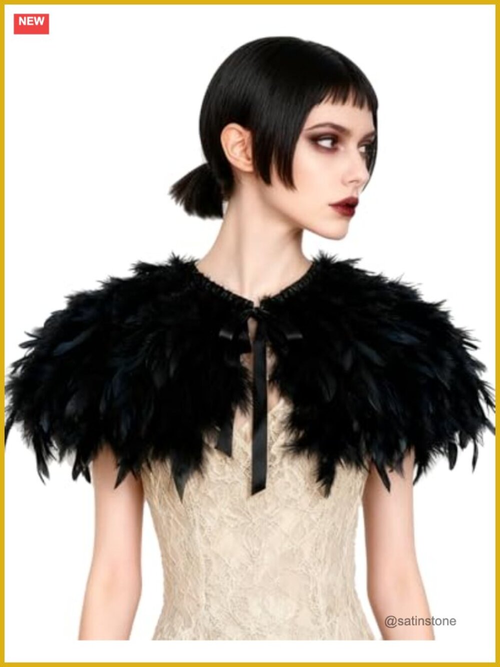 Genuine Feather Cape Shrug Short Shoulder Shawl Satin Ribbon Tie